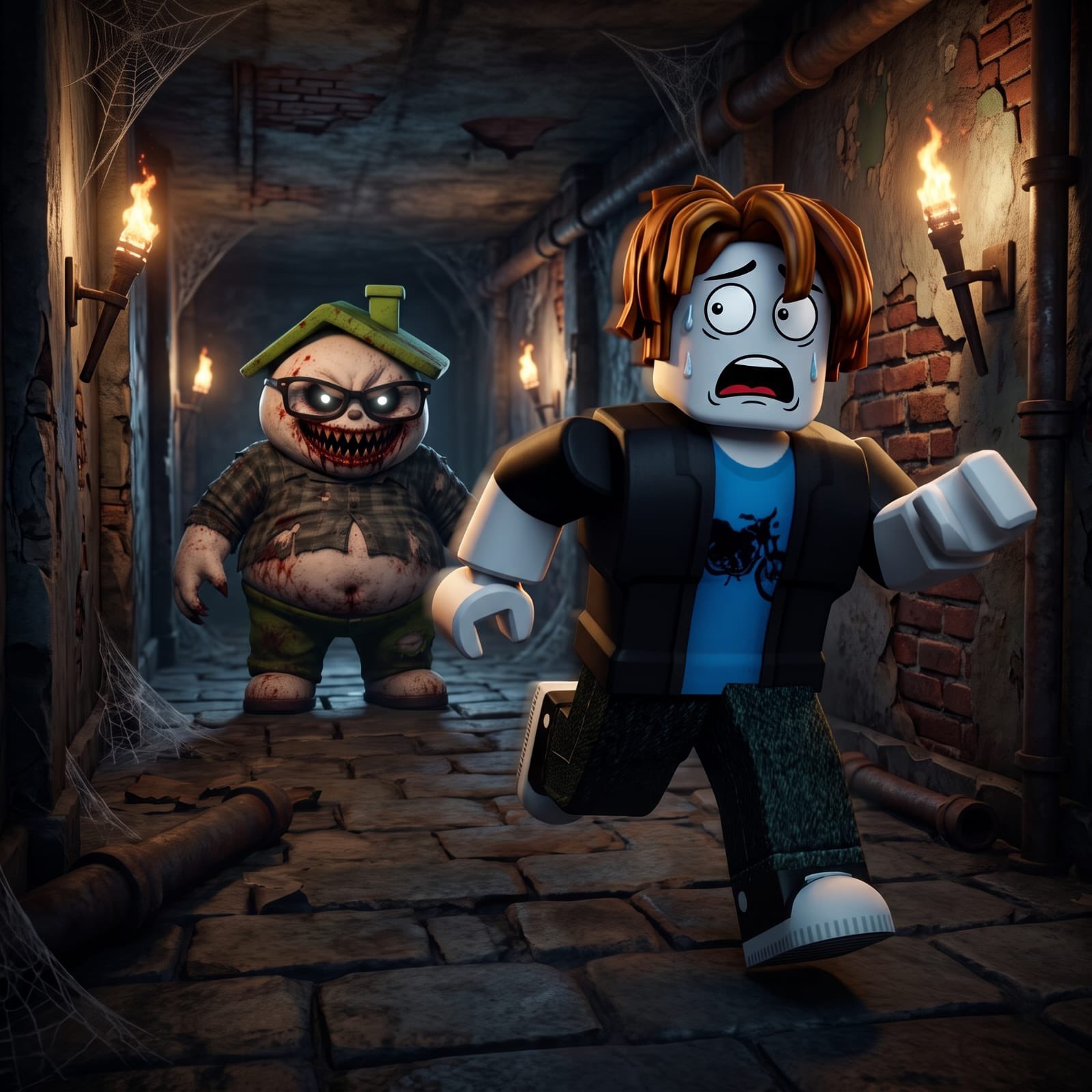 Escape Ozzy key art: a frightened Roblox character running down a torch-lit tunnel while Ozzy chases behind