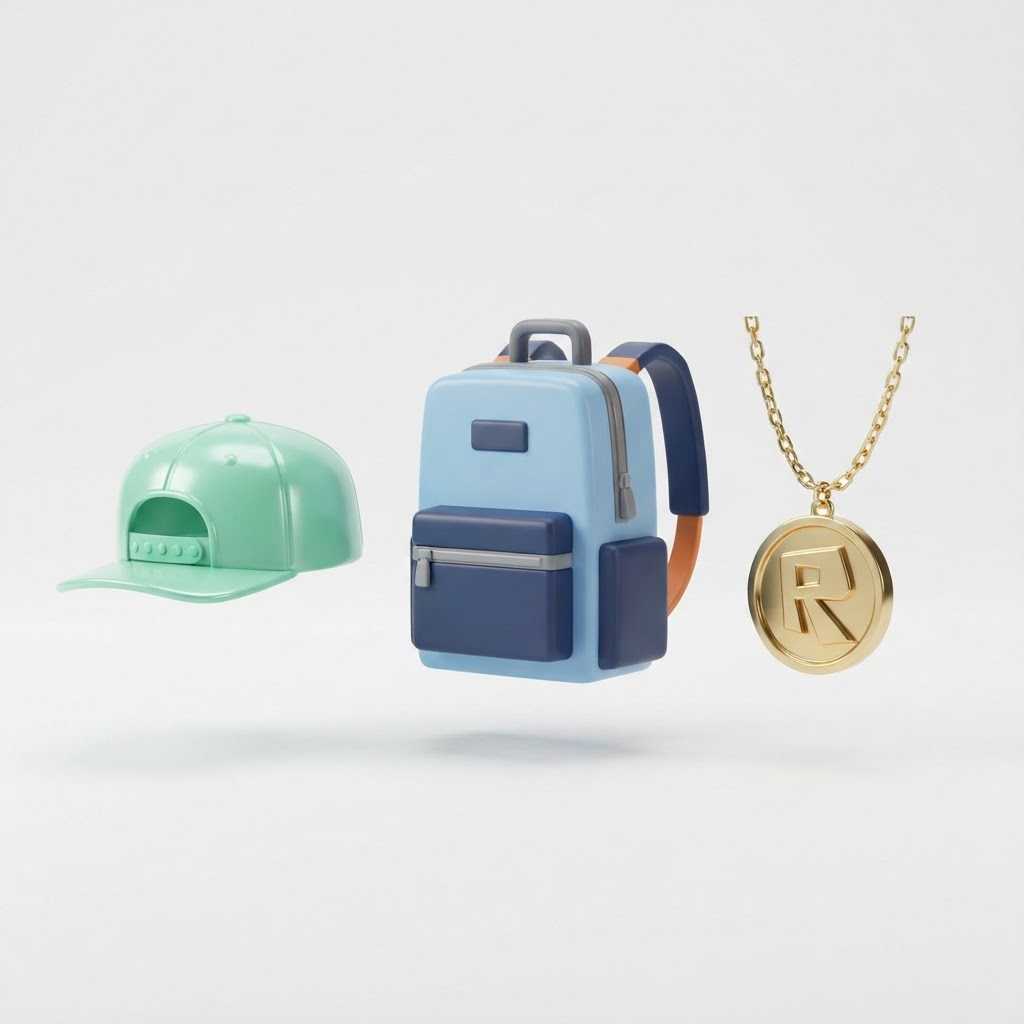 Render of PonsBlox UGC concepts: a mint green cap, a blocky backpack and a coin medallion